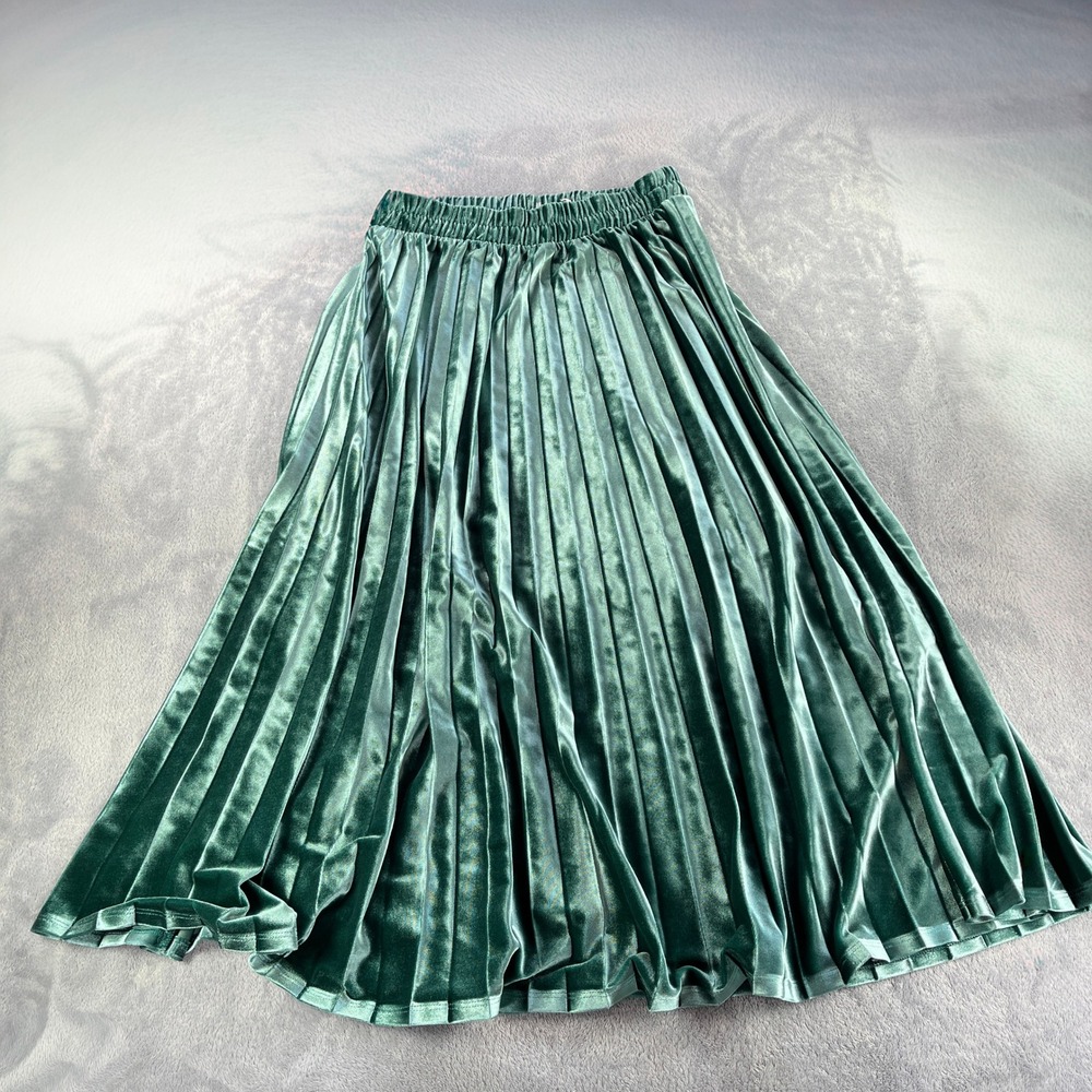 On 34th Velvet Pleated Midi Skirt M Emerald Green Elastic Waist Modest Spring - Picture 4 of 11